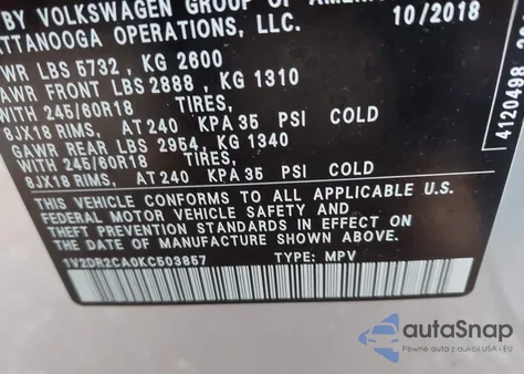 2019 Volkswagen Atlas 3.6L V6 Se z USA, uszkodzony, nr VIN 1V2DR2CA0KC503857